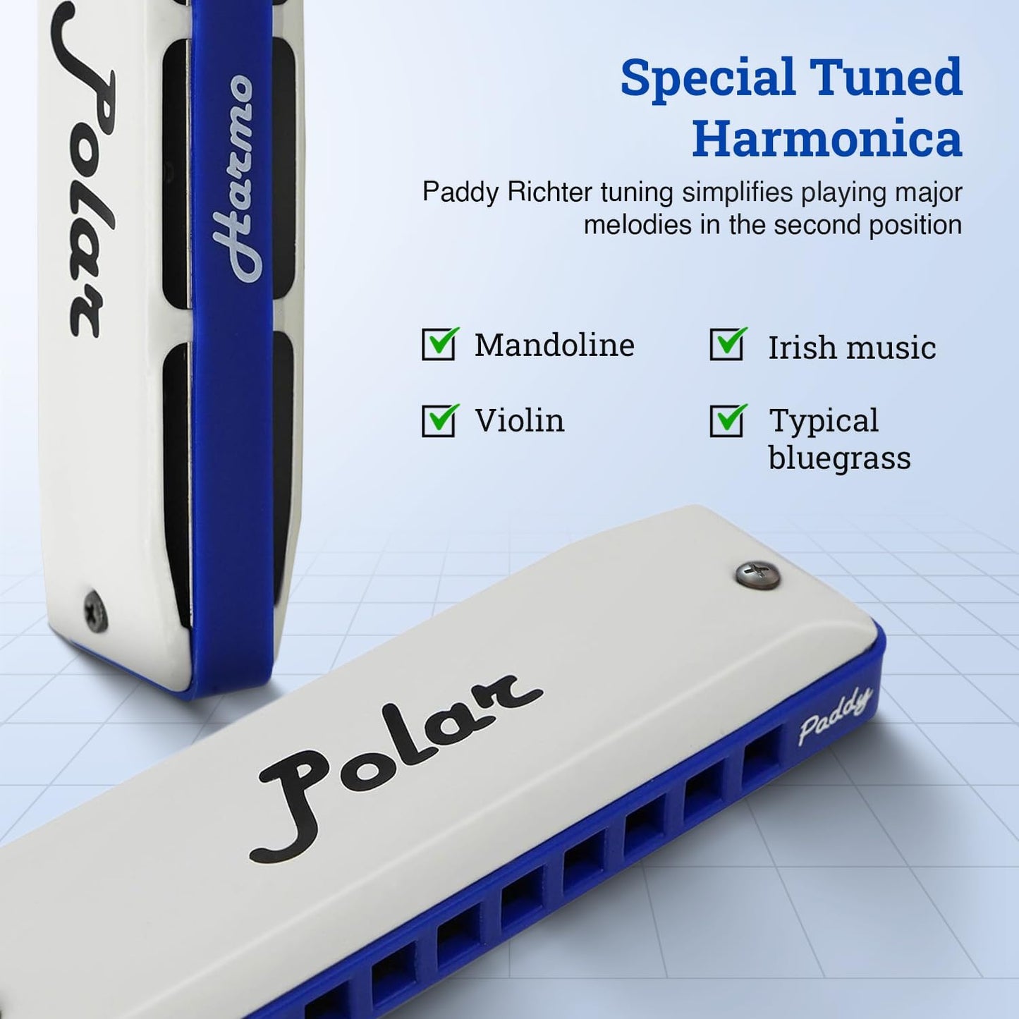 Harmo Polar Diatonic Harmonica Key of G, Paddy Richter Tuning - Specialized for Irish, Bluegrass, Celtic, and Folk Music, Mouth Organ With Case, Harmonica for Kids, Adults, Beginners & Professionals