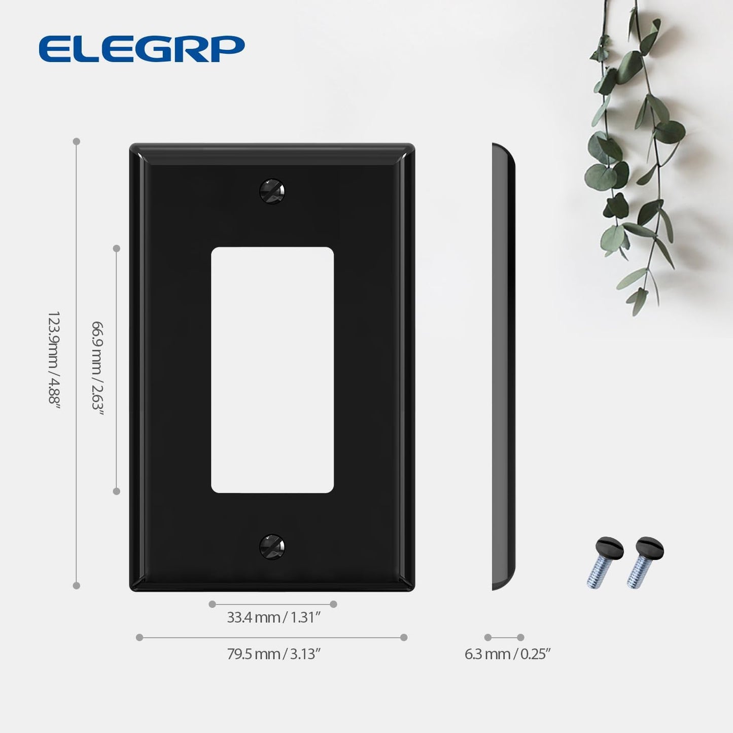 ELEGRP Decorative Receptacle Wall Plate, 1-Gang Mid Size Decorator Covers, Unbreakable Polycarbonate Faceplates for Decorator Device, UL Listed, Screws Included (2 Pack, Glossy Black)