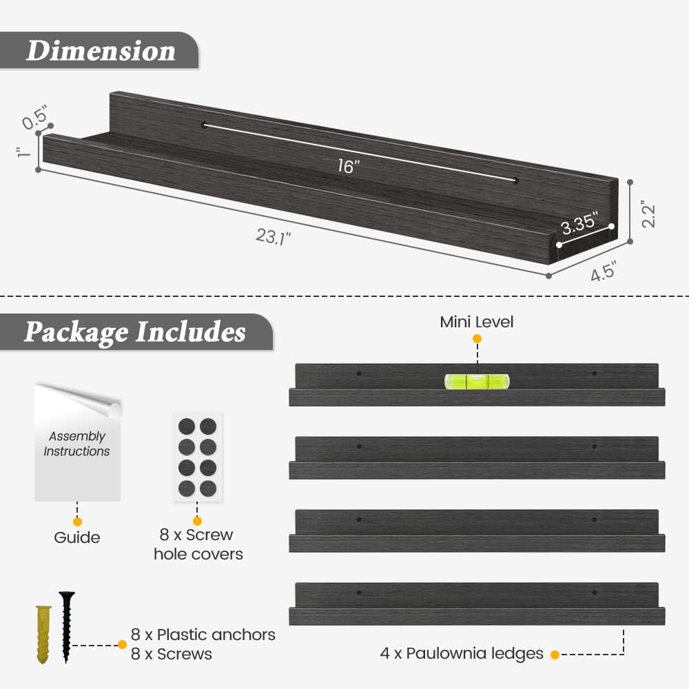 Forbena 24 Inch Long Picture Ledge Shelf Set of 4, Black Wood Floating Shelves for Wall with Lip, Rustic Display Shelves for Living Room Hallway Bedroom Office Photo Frames Bathroom Nail Polish