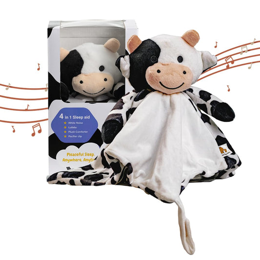 Love By Emi Baby Music Lovey Black & White Cow, Baby Sleep Soother for Crib & Cuddle Bedtime, White Noise with Heartbeat & Lullaby, Plush Sound Toy, Stuffed Animal for Newborns, Infants & Toddlers