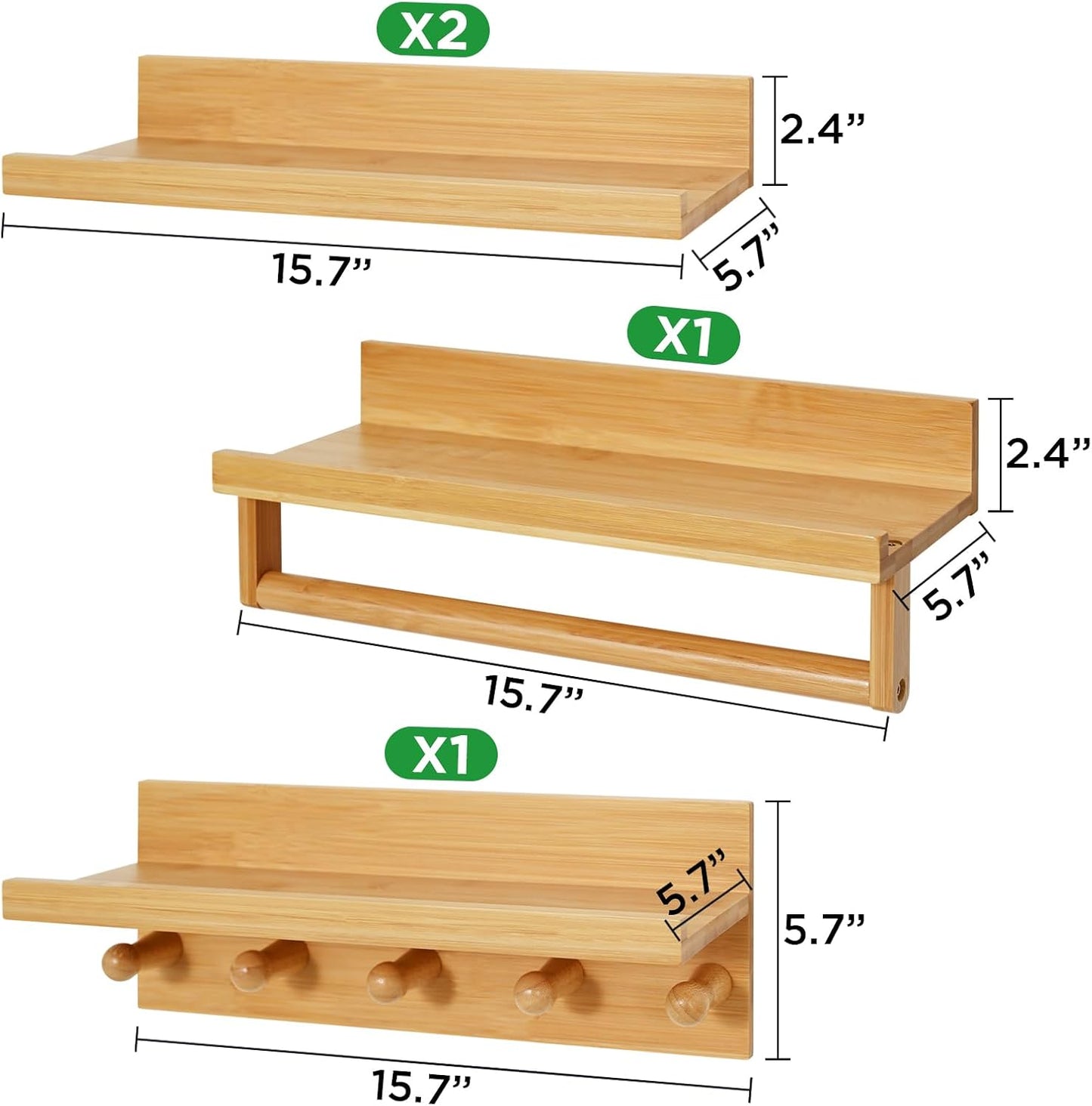 Ollieroo Set of Four Floating Book Shelves for Wall, Nursery Book Shelf for Kids Room, Bamboo Wood Hanging Bookshelf for Baby Teen Boys Girls, Wall Mounted Shelves for Bedroom Bathroom Decor(Natural)