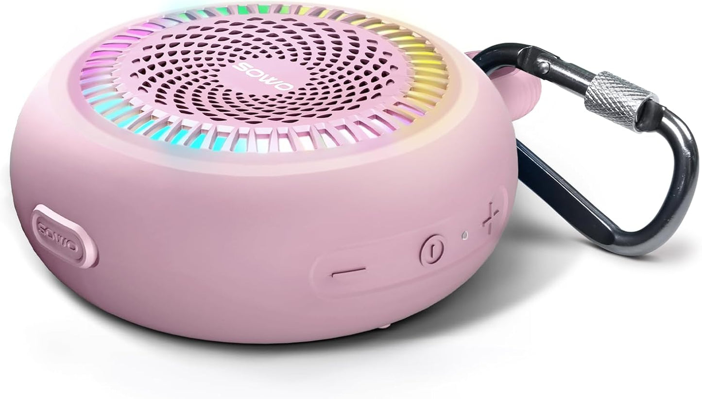 SOWO Small Waterproof Speaker Bluetooth Portable Wireless - Clip Speaker for Shower - Powerful Bass and Louder Volume - Colorful Lights and Lightweight for Travel,Kitchen,Pool - Pink