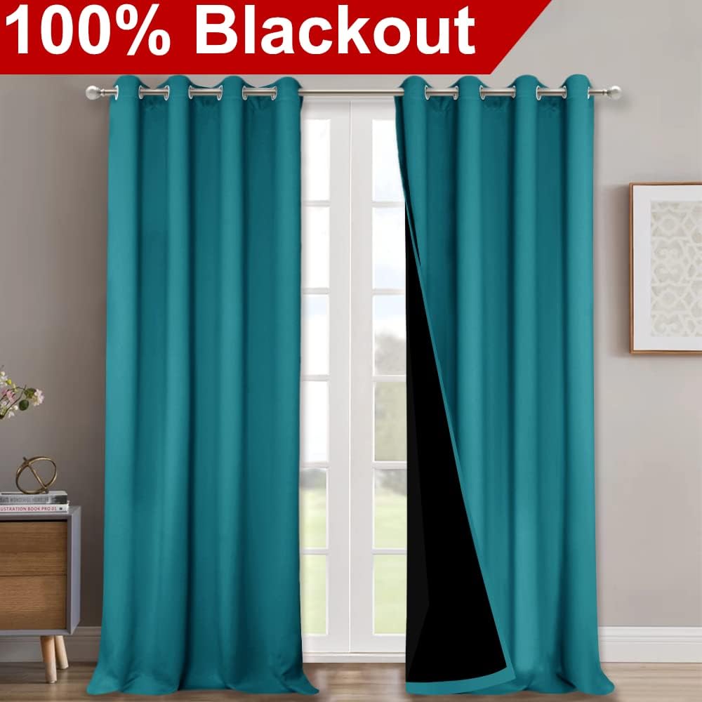 NICETOWN Peacock Teal 100% Blackout Curtains for Windows, Super Heavy-Duty Black Lined Total Darkness Drapes for Bedroom, Privacy Assured Window Treatment for Patio (2 PCs, 52 inches W x 108 inches L)