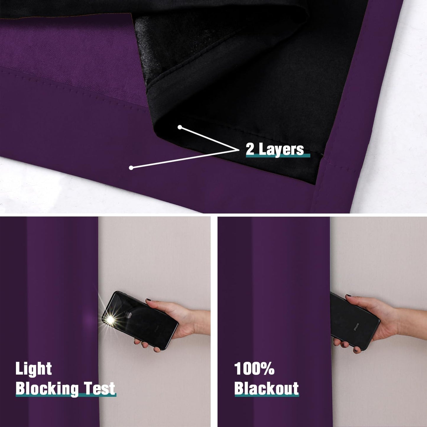 ChrisDowa 100% Blackout Curtains for Bedroom with Black Liner, 2 Thick Layers Total Blackout Thermal Insulated Grommet Window Curtains 2 Panels Set (Royal Purple, 52 x 63 Inch)