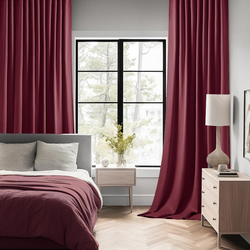MIULEE Wine Red Back Tab Blackout Curtains 102 Inch Long 2 Panels Set for Bedroom, Rod Pocket/Pinch Pleated Thermal Insulated Living Room Darkening Light Blocking Floor to Ceiling Drapes