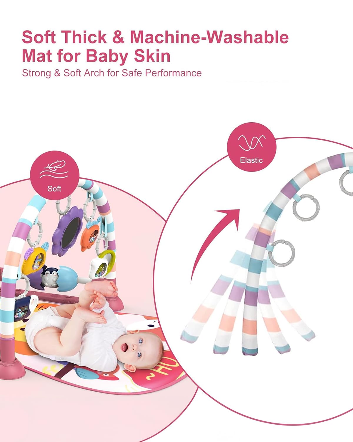 Dearlomum Play Mat and Gym - Piano Tummy Time Activity Mat With 5 Sensory Toys, Music and Lights - Gifts for Newborn 0 to 12 Months (New Pink)