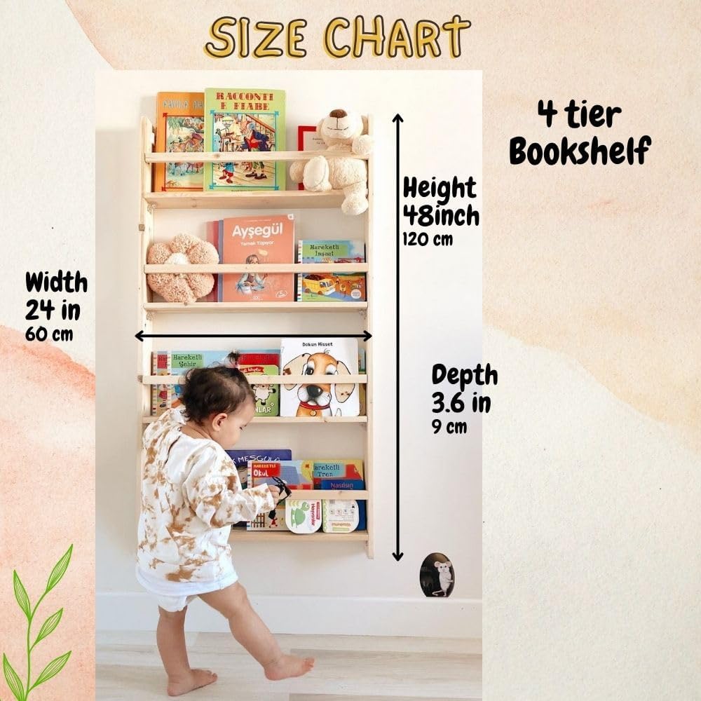 Handmade Solidwood Wall Mounted Montessori Kids Bookshelf, Solid Pine 4 Tier Book Display for Children Bedroom, Nursery Furniture Bookcase, Wood Pine Organiser for Living Room (Gray)