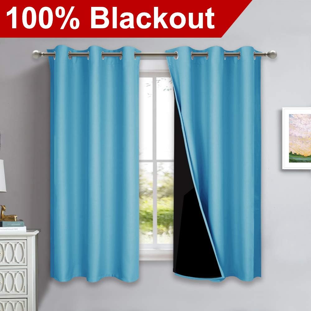 NICETOWN 100% Blackout Short Curtains with Black Liners, 2 Panels, 37" W by 40" L, Teal Blue, Solid Thermal Insulated Full Blackout 2-Layer Lined Drapes, Energy Efficiency Window Draperies for Bedroom