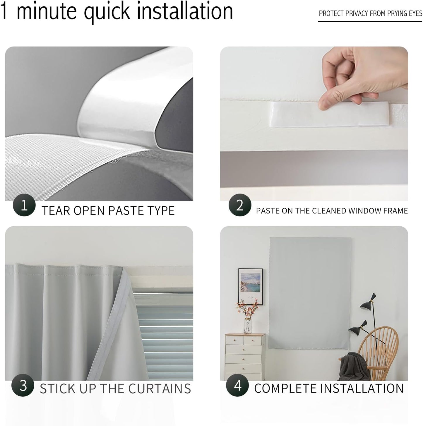 self Adhesive Curtains Portable Blackout Curtain Simple and Easy to Install Bedroom Window Thermal Lnsulated Kitchen Room Darkening Black Small Drapes, 35" W X 59" L, White, 1 Panel