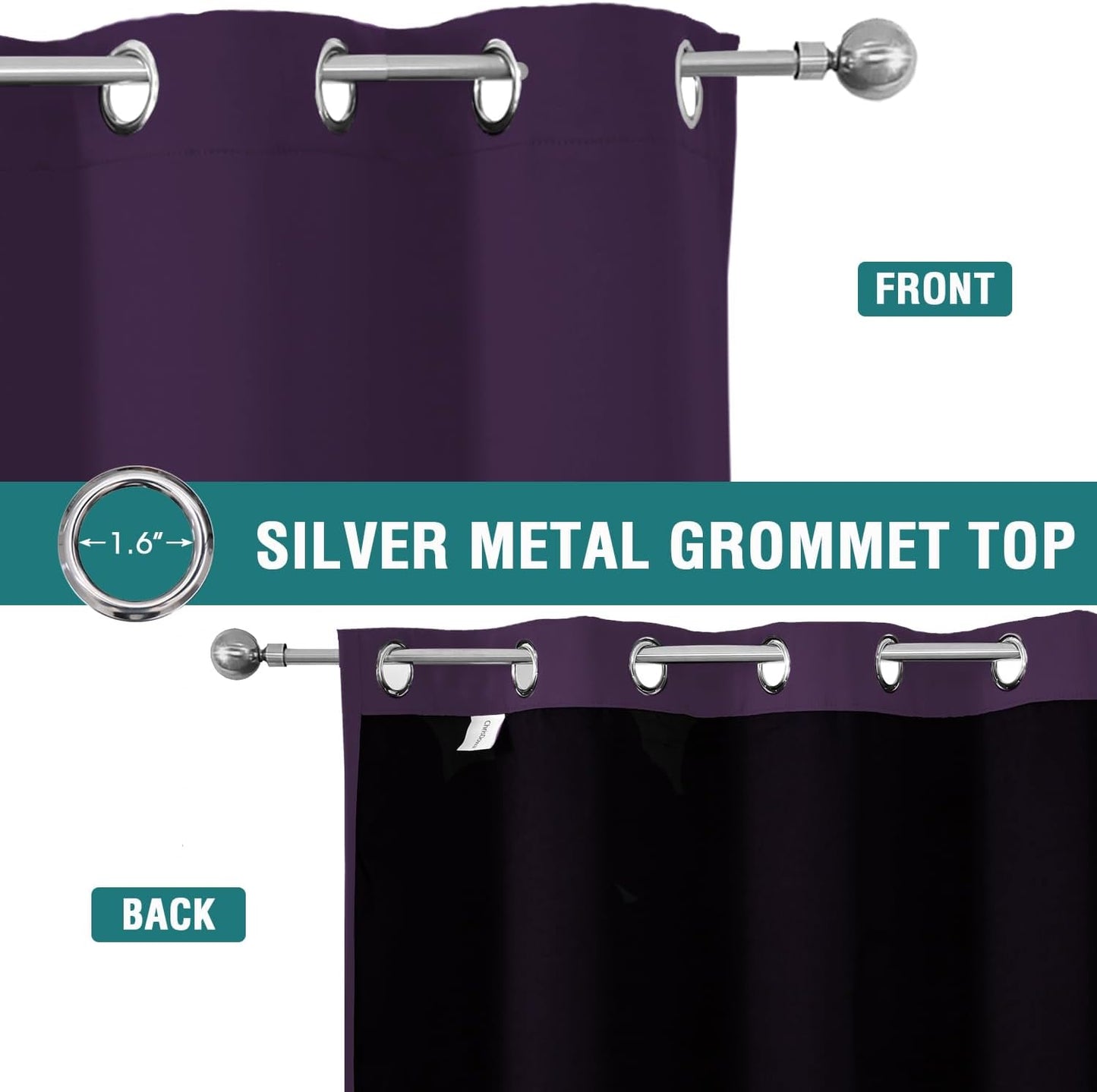 ChrisDowa 100% Blackout Curtains for Bedroom with Black Liner, 2 Thick Layers Total Blackout Thermal Insulated Grommet Window Curtains 2 Panels Set (Royal Purple, 52 x 63 Inch)