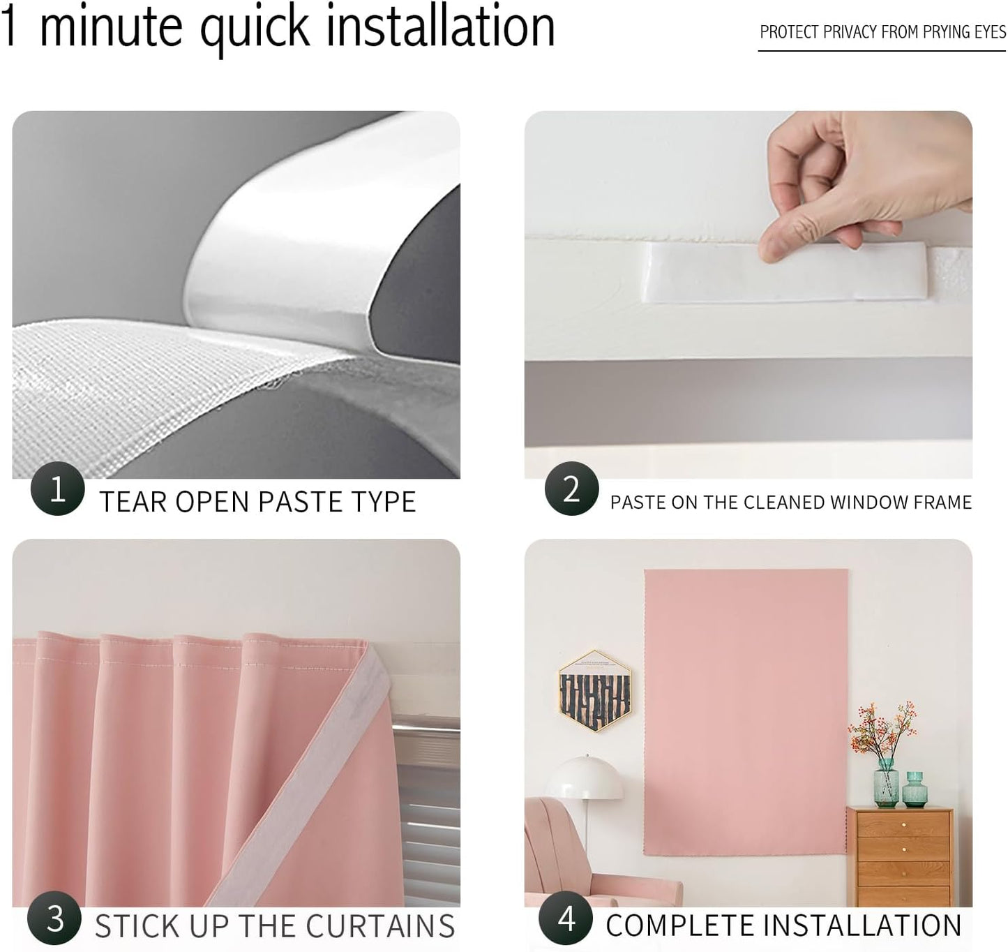 Self Adhesive Blackout Curtains- Stick on Curtains Shades Window Blinds Curtains No Rod Needed Easy to Hang Curtain, Use for Bedroom, Living Room,Roman Shades, 47" W X 79" L, Pink, 1 Panel