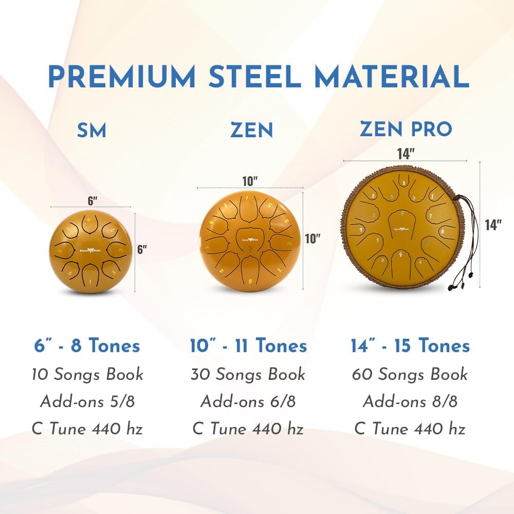The Balmy Drum - 15 Note 14 Inch Steel Tongue Drum, Steel Drum Instrument, Drums For Children and Adults, Balmy Drum Set for Kids with Music Book, Handpan, Mallet and Carry Bag (Gold)