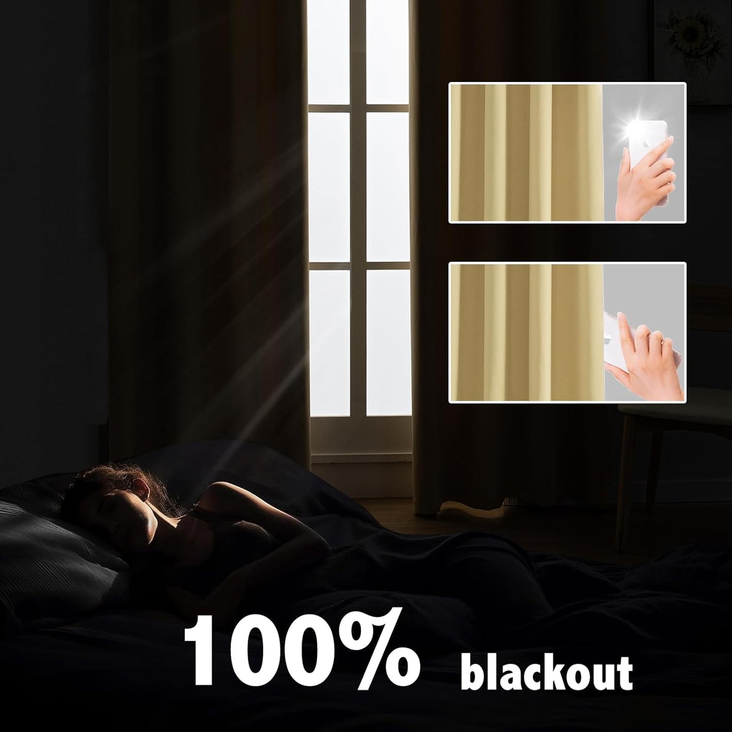 Anytime 100% Blackout Curtain Set, Thermal Insulated & Energy Efficiency Window Draperies for Guest Room, Full Shading Panels for Shift Worker and Light Sleepers（Beige, 2 Panels, 70W x 95L）