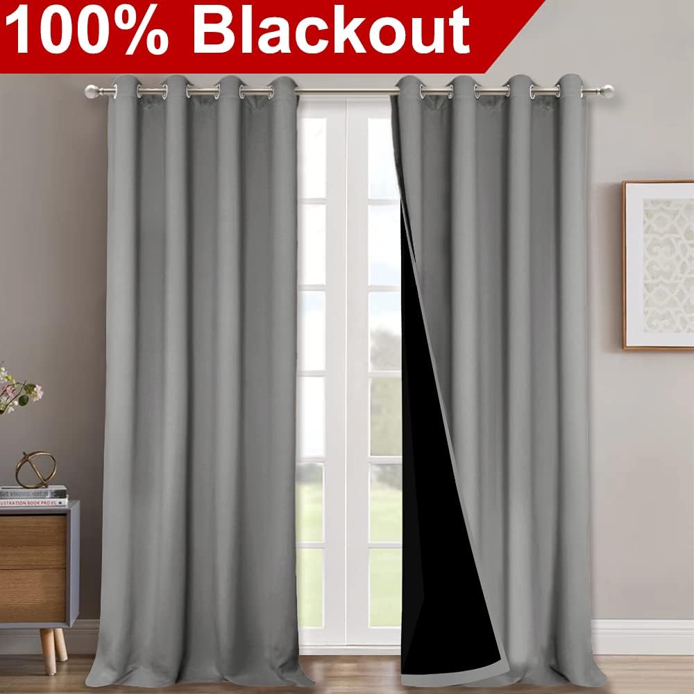 NICETOWN Full Shading Curtains 90 inches Long 2 Panels Set for Windows, Super Heavy-Duty Black Lined Blackout Curtains for Bedroom, Privacy Assured Window Treatment (Silver Grey, 52 inches W)