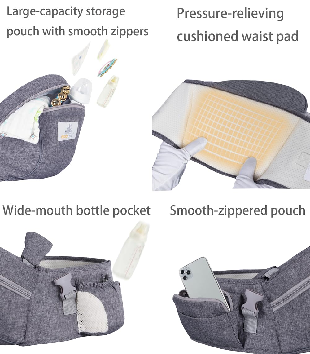 Baby Hip Seat Carrier Baby Waist Stool for Child Infant Toddler with Adjustable Strap Buckle Pocket Soft Inner Huge Storage (Dark Grey)