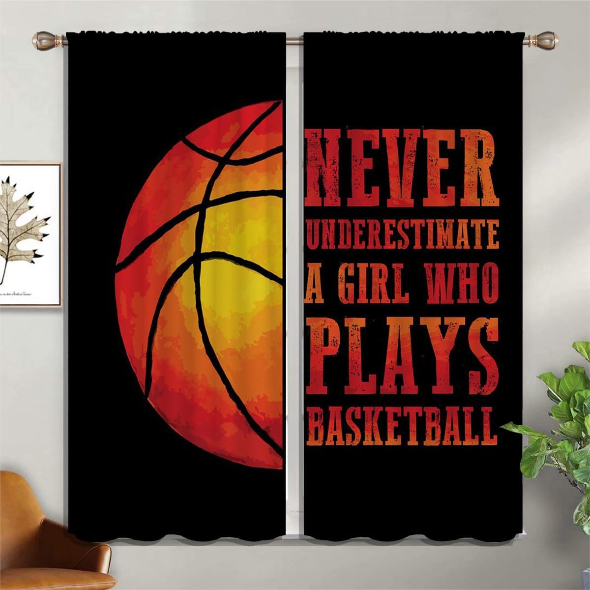 Red Basketball Blackout Curtains for Boy Girl Room Darkening Decor,Sport Theme and Motto Dark Background Bedroom Living Room Home Rod Pocket Thermal Insulated Window Curtain/Drapes Panel,84x63 Inch…