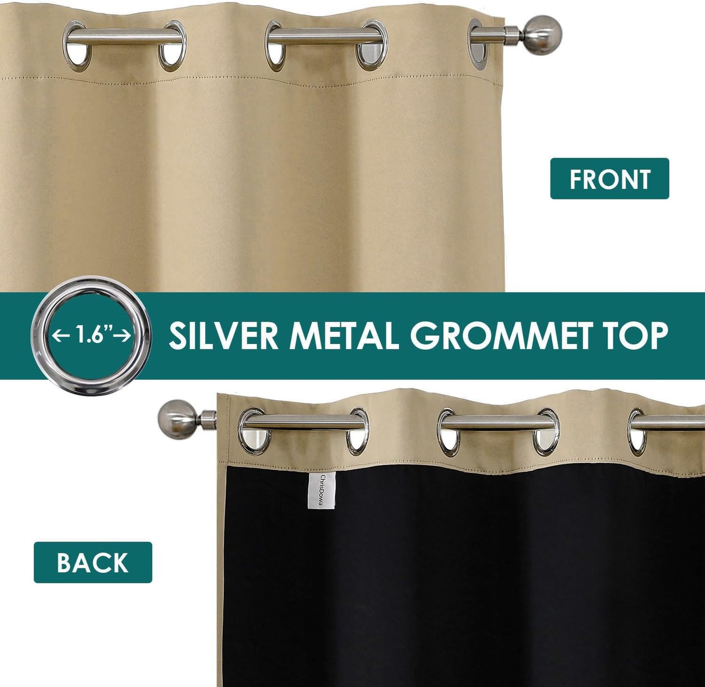 ChrisDowa 100% Blackout Curtains 63 inch Long for Bedroom with Black Liner, 2 Thick Layers Total Blackout Thermal Insulated Grommet Window Curtains 2 Panels Set (Beige, 38 x 63 Inch)