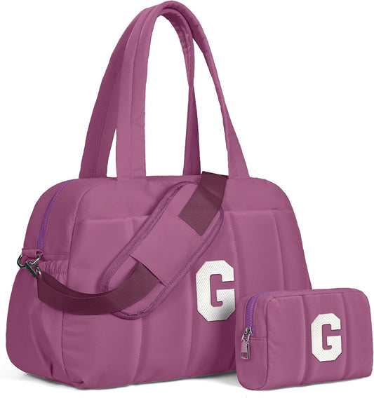 Duffle Bag with Initial, Spend The Night Bags for Women，Overnight Bag with Wet Pocket，Lightweight Travel Bags Personalized Gym Tote with Makeup Pouch