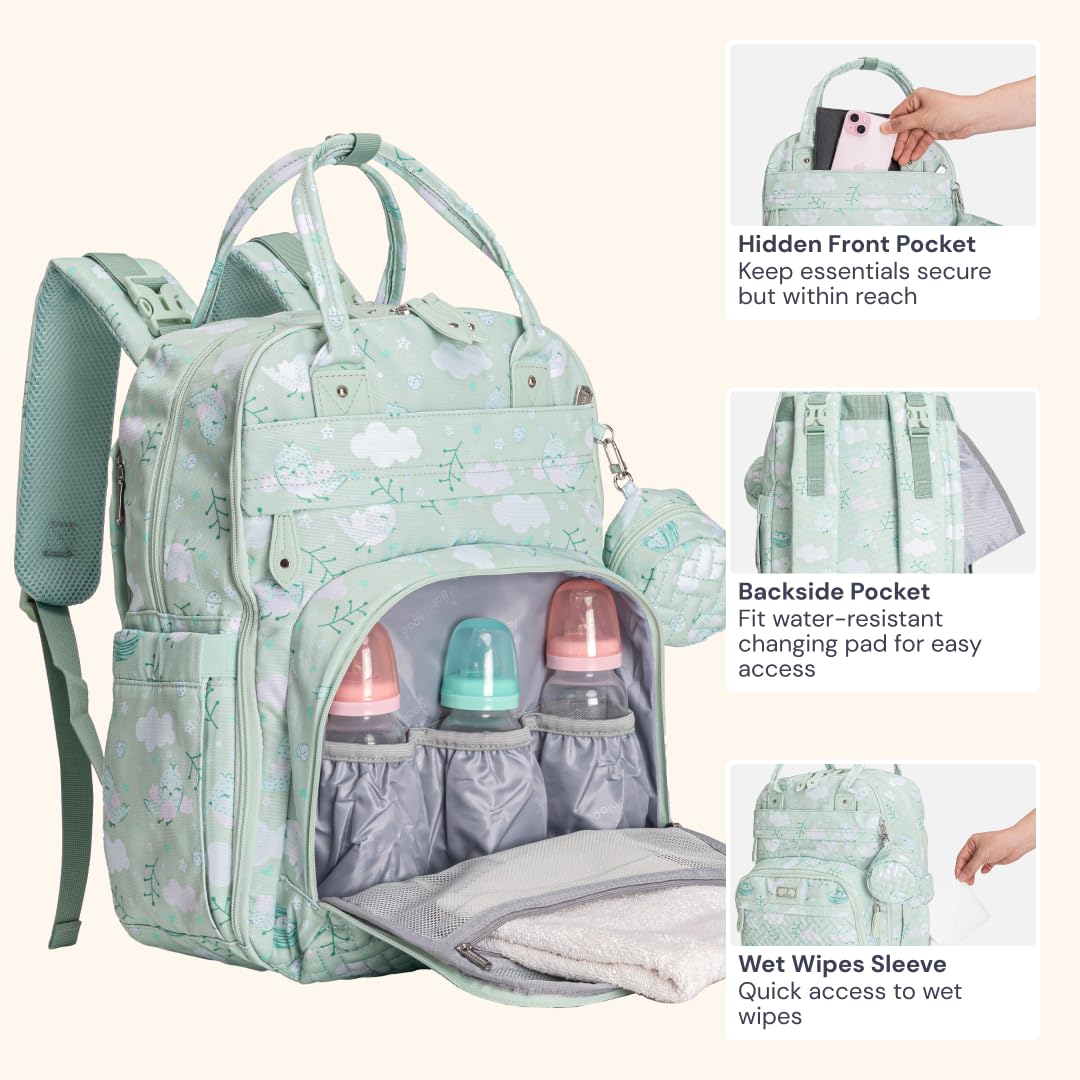 BabbleRoo Diaper Bag Backpack - Baby Essentials, Travel Essentials Baby Bag with Changing Pad, Stroller Straps & Pacifier Case - Unisex, Green Birdy