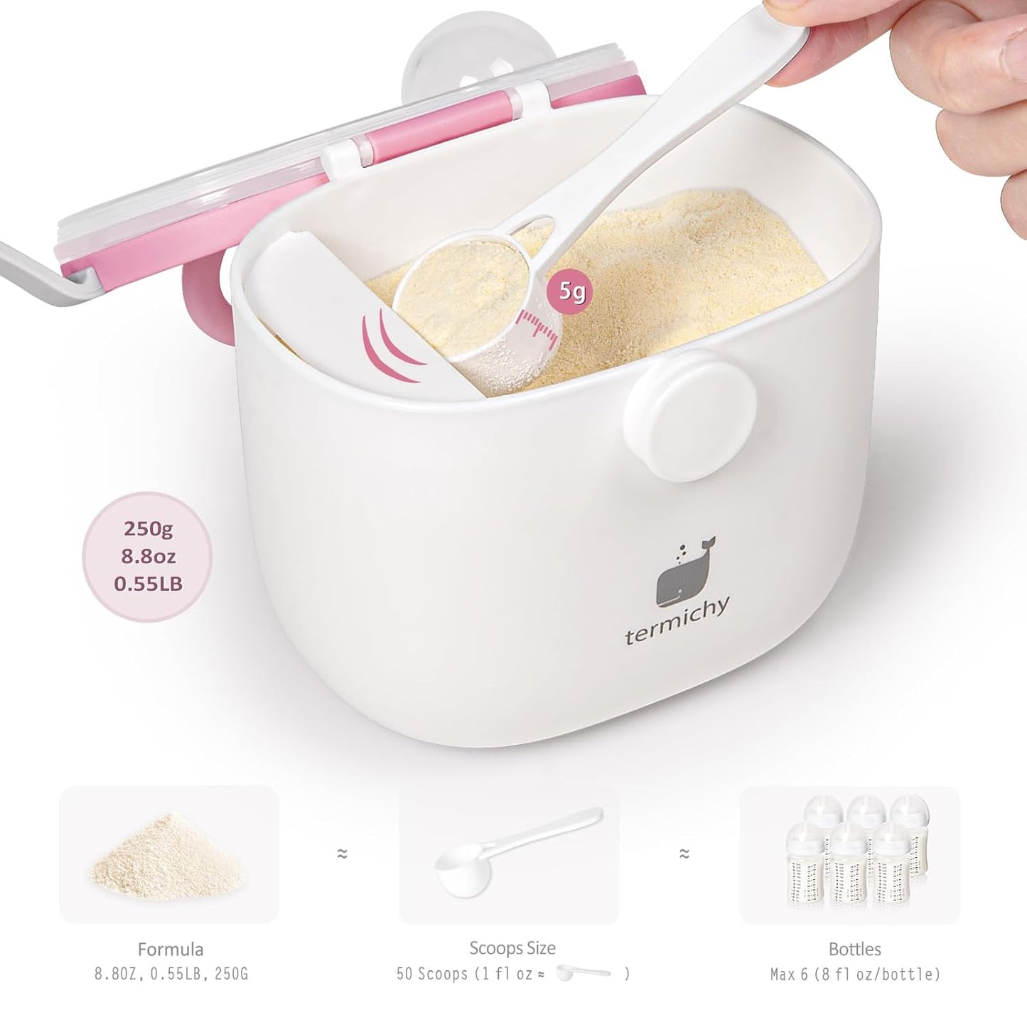 Termichy Baby Formula Dispenser, Portable Milk Powder Dispenser Container with Carry Handle and Scoop for Travel Outdoor Activities with Baby Infant, 8.8OZ, 0.55LB, 250g,500ml (Baby Pink)