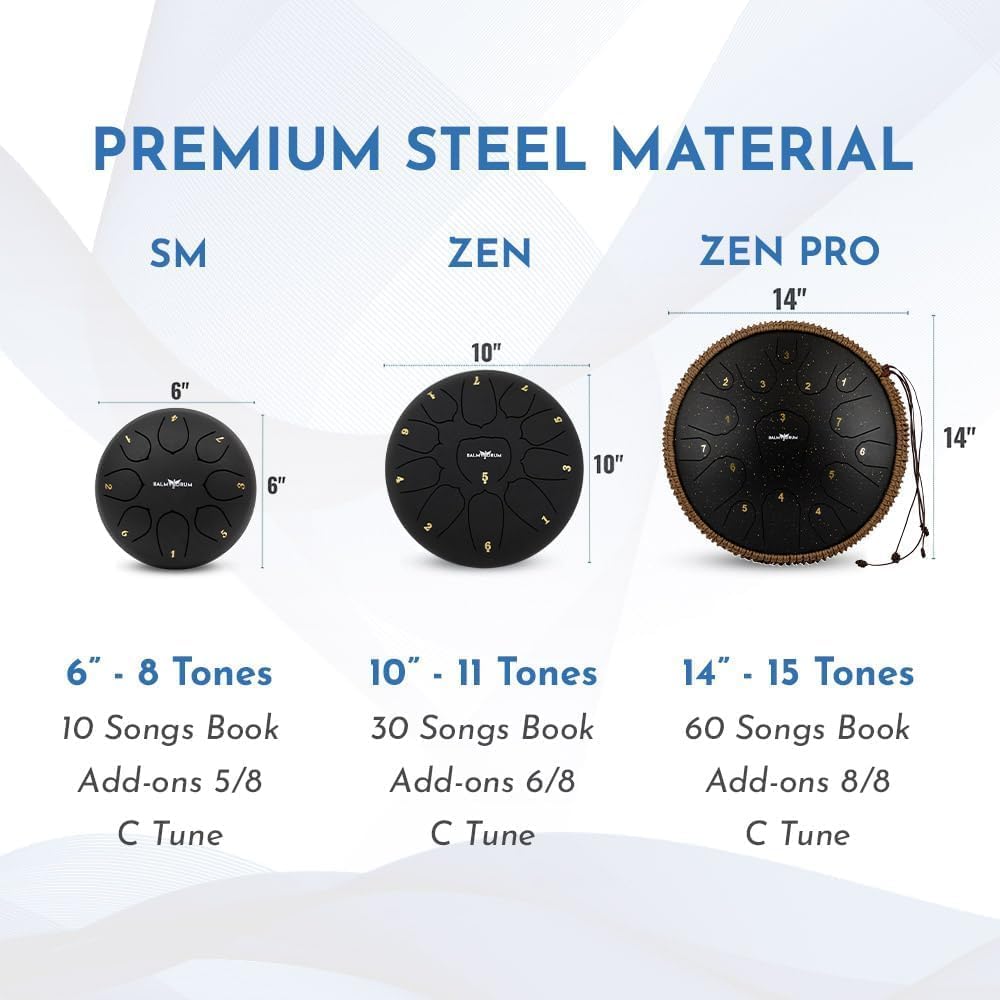 The Balmy Drum - 8 Note 6 Inch Steel Tongue Drum, Steel Drum Instrument, Drums For Children and Adults, Balmy Drum Set for Kids with Music Book, Handpan, Mallet and Carry Bag (Black)