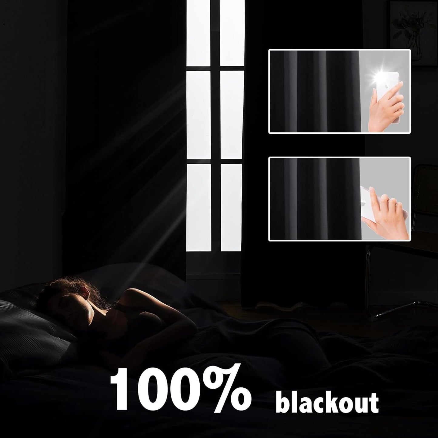 Anytime 100% Blackout Curtain Set, Thermal Insulated & Energy Efficiency Window Draperies for Guest Room, Full Shading Panels for Shift Worker and Light Sleepers（Black, 2 Panels, 52W x 95L）