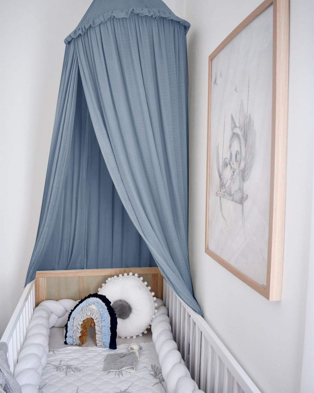 Kids Bed Canopy with Frills Cotton Cover Net for Crib Reading Nook Curtain Hideaway Hanging Round Tent Nursery Bedding Play Room Decor