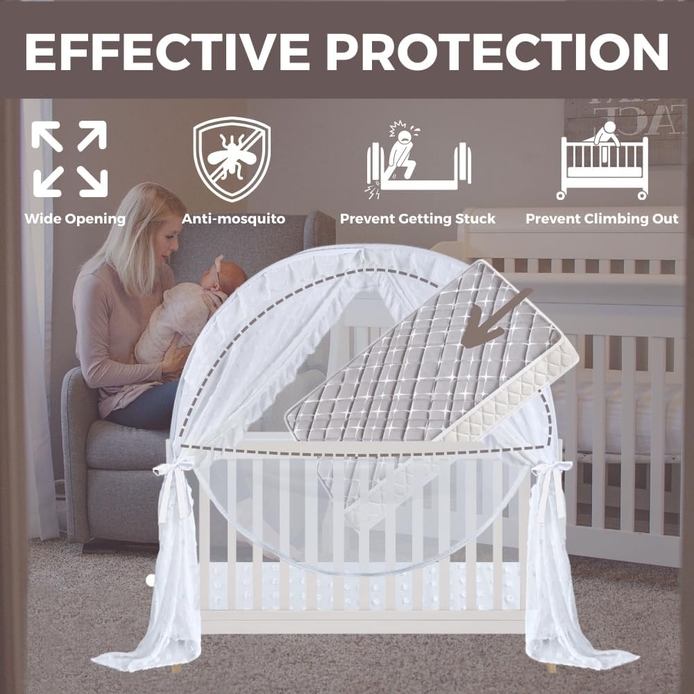 Wonder Space Elegant Baby Crib Net Tent - Minimalist Lace Curtain Design - Durable & Breathable Mesh to Keep Baby in & Stop Climbing Out - Mosquito & Insects Protection