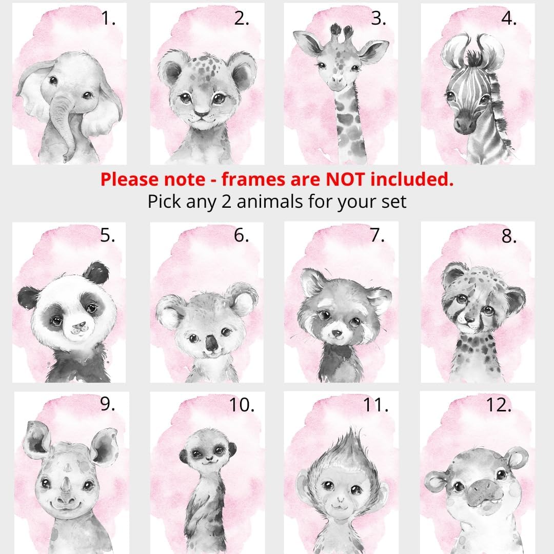 Safari Animals Set of 3 Unframed Poster Prints for Baby Girls Nursery Bedroom Playroom, Personalized Name, Choice of 12 Animals, Pink Purple (9x12)