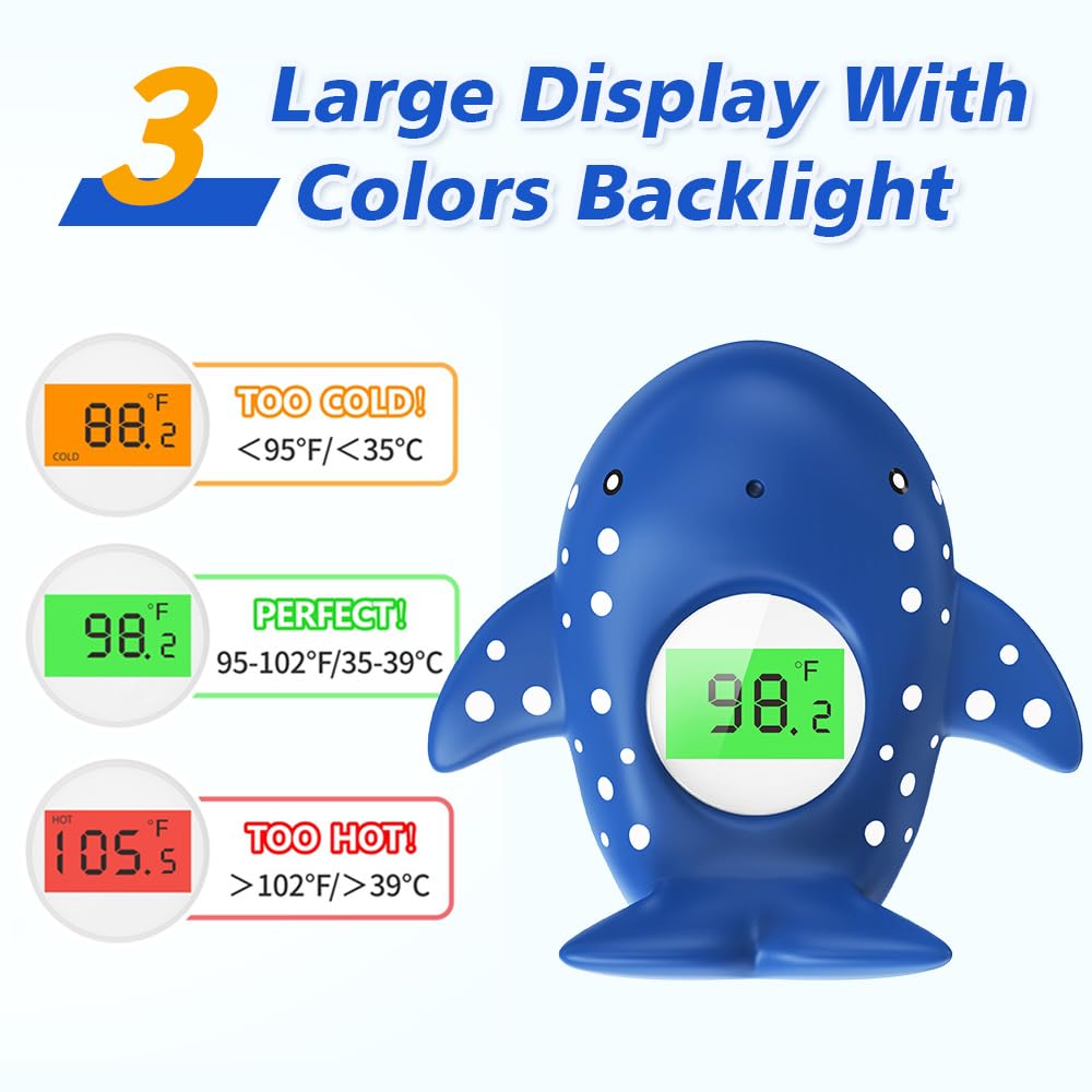 Baby Bath Thermometer, Infant Digital Water Thermometer Safety with 3 Color Backlit and Temperature Warning, Room Thermometers Floating Toy for Infant, Toddler, Bathtub, Swimming Pool (Navy Blue)