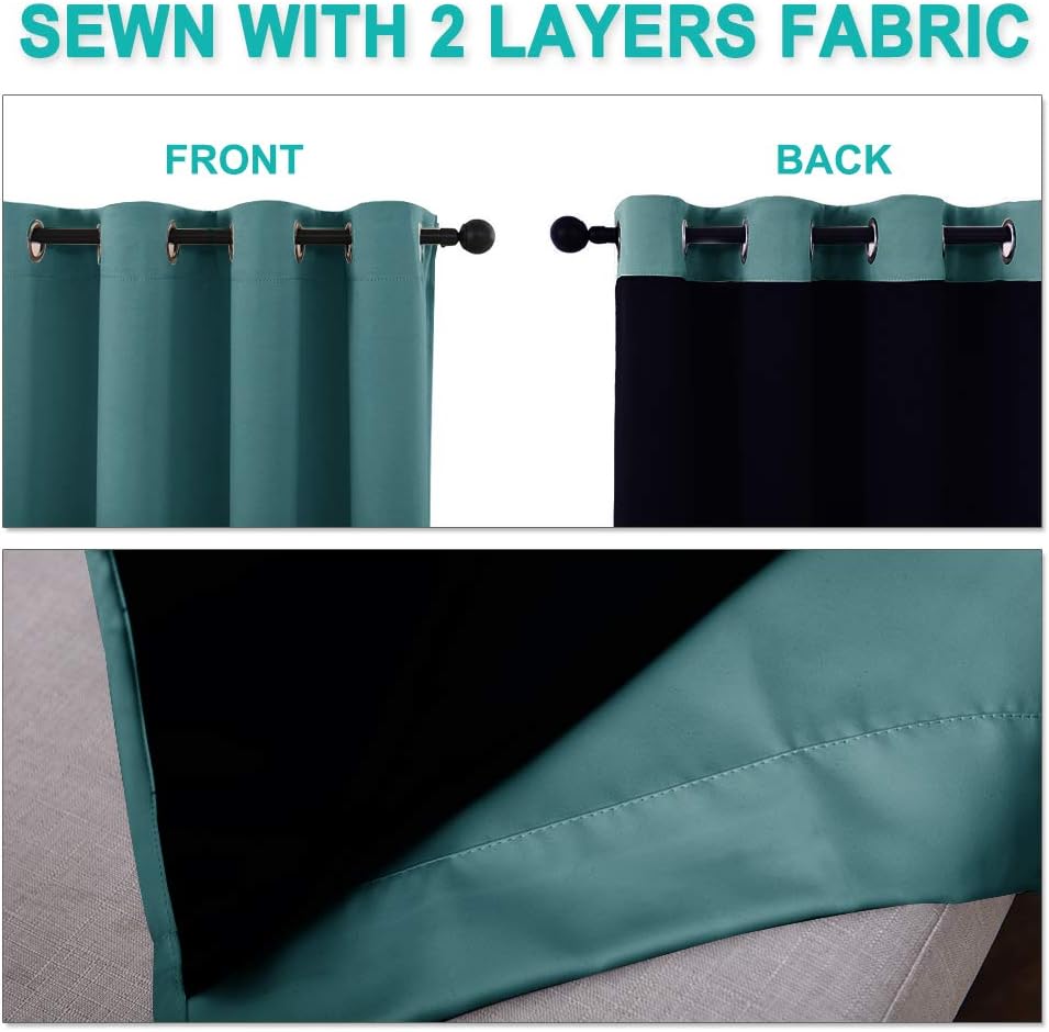 NICETOWN 100% Blackout Curtains for Windows, Pack of 2, Sea Teal, 52" W x 120" L, Super Heavy-Duty Black Lined Total Darkness Drapes for Bedroom, Privacy Assured Window Treatment for Patio
