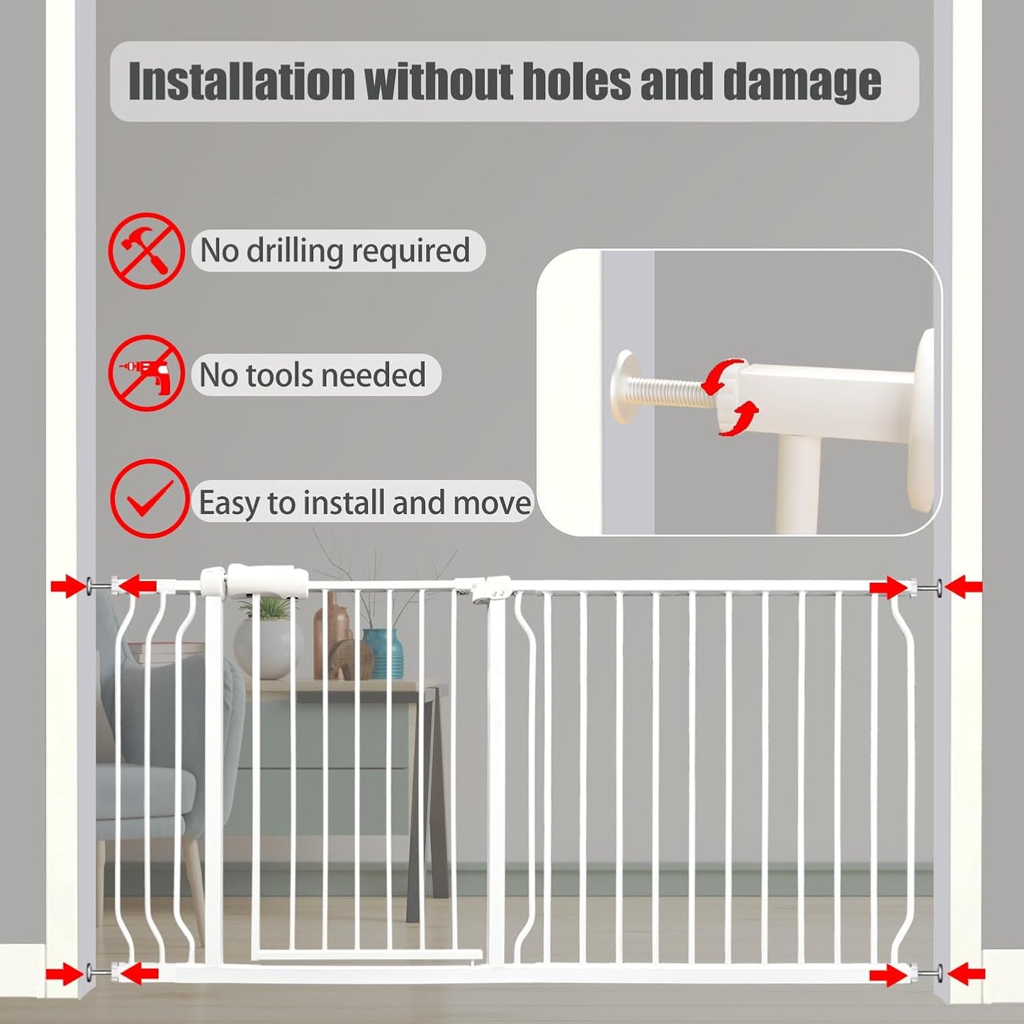 Heavy Duty Baby & Dog Safety Gate - Extra Wide 76.4-81.1 Inch, White Metal, Tension Mounted No Drilling Pet Gate for Stairs & Doorways, 30 Inch Tall