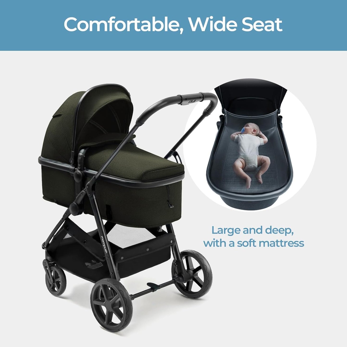 Mompush Wiz 2 in 1 Baby Stroller with Bassinet Mode, Convertible Infant Stroller for Newborn and Toddler with Reversible Seat and Large UPF 50+ Canopy