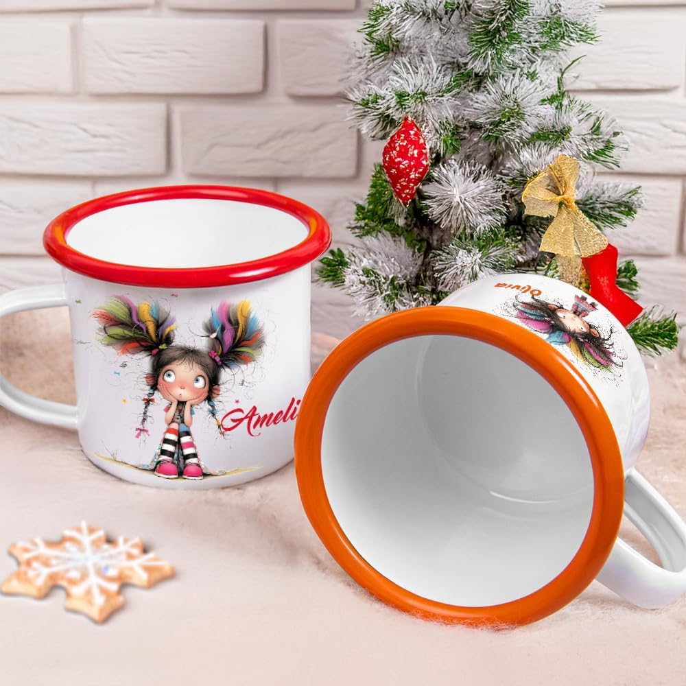 Personalized 12 oz Enamel Mug with Name - Custom Camping Coffee Mugs for Home, Work, Travel, Camping - Birthday Christmas Gift for Family Friend (Cute Quirky Girl)
