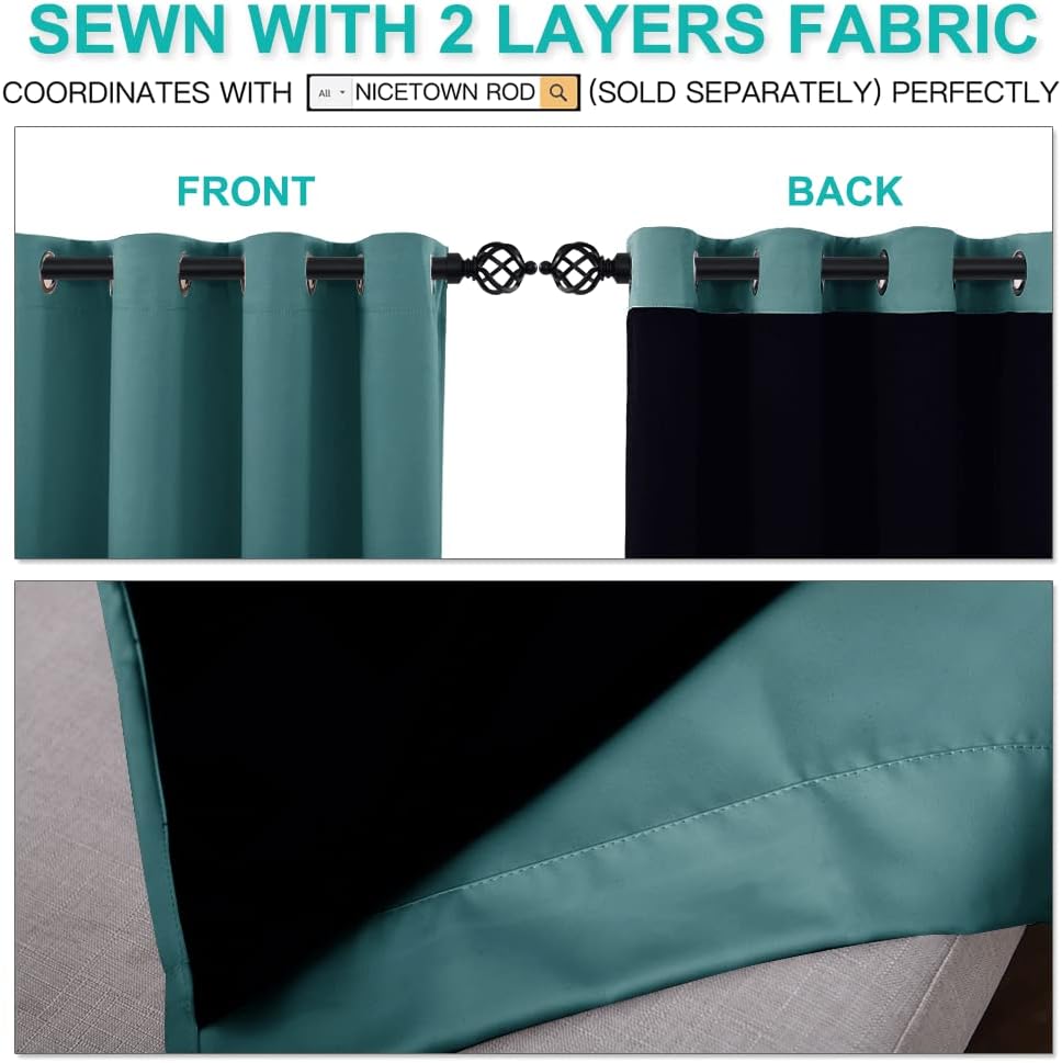 NICETOWN 100% Blackout Curtains 108 inches Long, Noise Reduction Window Treatment Curtains, Thermal Insulated Energy Smart Drapes Draperies for Apartment Decor, Sea Teal, Set of 2, 52 inches Wide