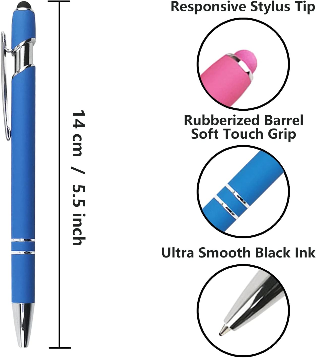Ballpoint Pen with Stylus Tip, Soft Touch Click Metal Pen, 1.0mm Medium Point, Black Ink, 12 Count(6 Colors)