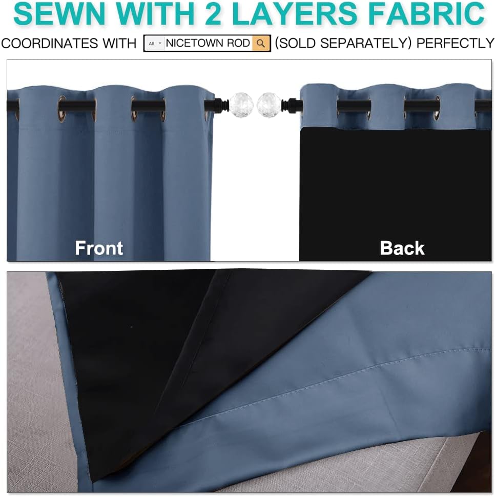 NICETOWN 100% Blackout Curtains 84 inches Long, Pair of Energy Smart & Noise Blocking Out Drapes for Baby Room Window, Thermal Insulated Guest Room Lined Window Dressing (Stone Blue, 62 inches Wide)