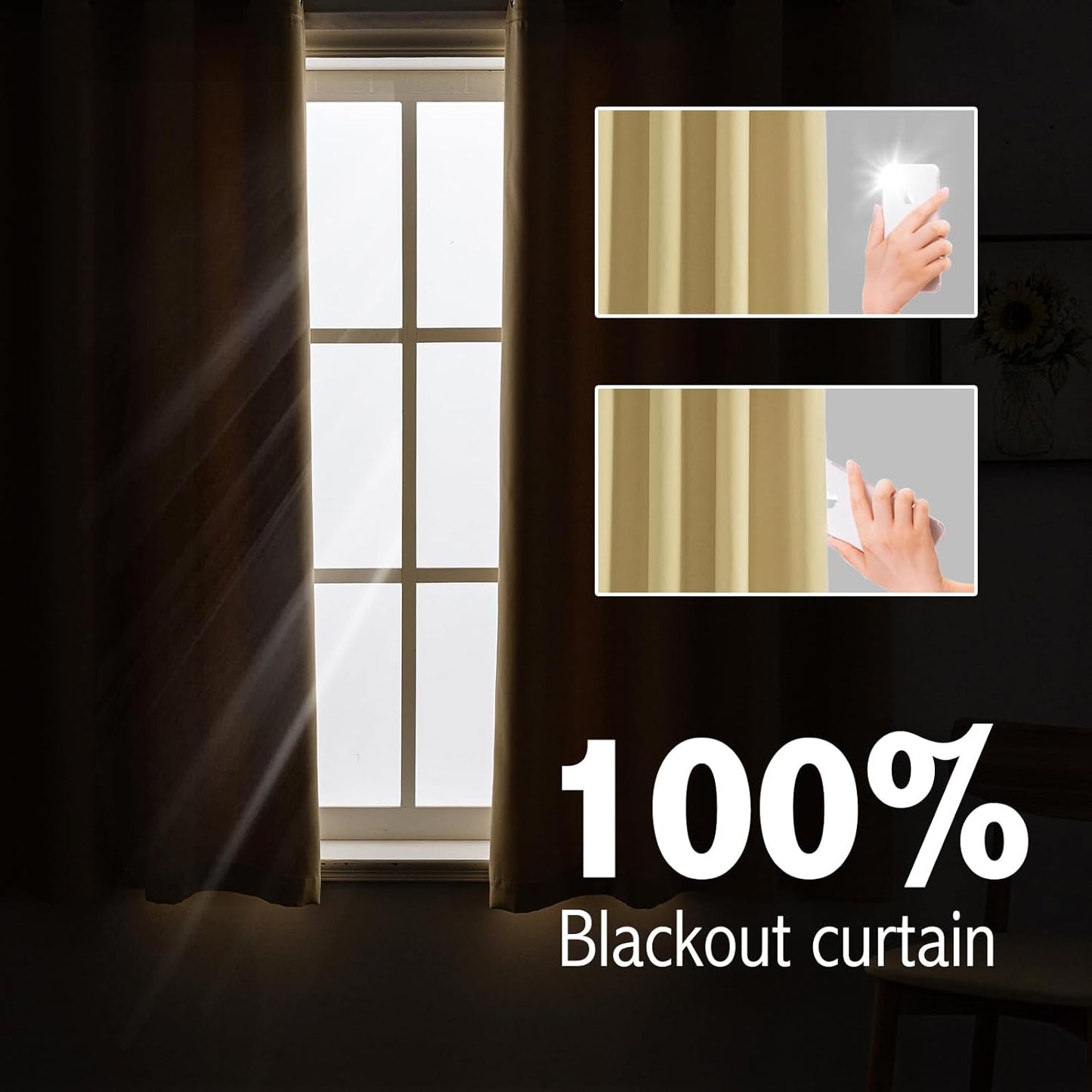 Anytime 100% Blackout Curtain Set, Thermal Insulated & Energy Efficiency Window Draperies for Guest Room, Full Shading Panels for Shift Worker and Light Sleepers（Beige, 2 Panels, 52W x 54L）