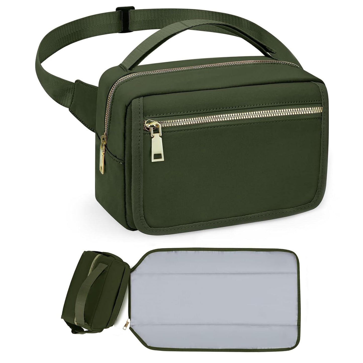 printe Small Diaper Bag with Portable Changing Pad, Crossbody Diaper Bag Pack with Wipes Pocket, Women Waist Bag for Travel (Olive Green, Large)