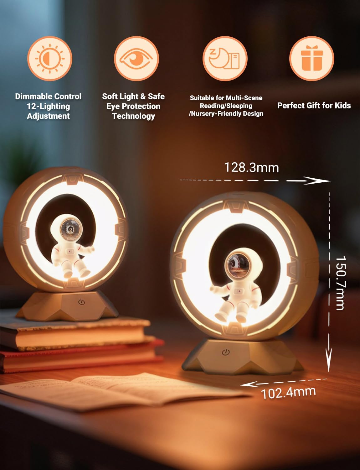 Night Light Kids, Astronaut Space Night Light Lamp with 9-Level Cold Warm Light Rechargeable Dimmable Tap Touch Nightlight for Kids Children Toddler Bedroom Bedside Livingroom Desktop