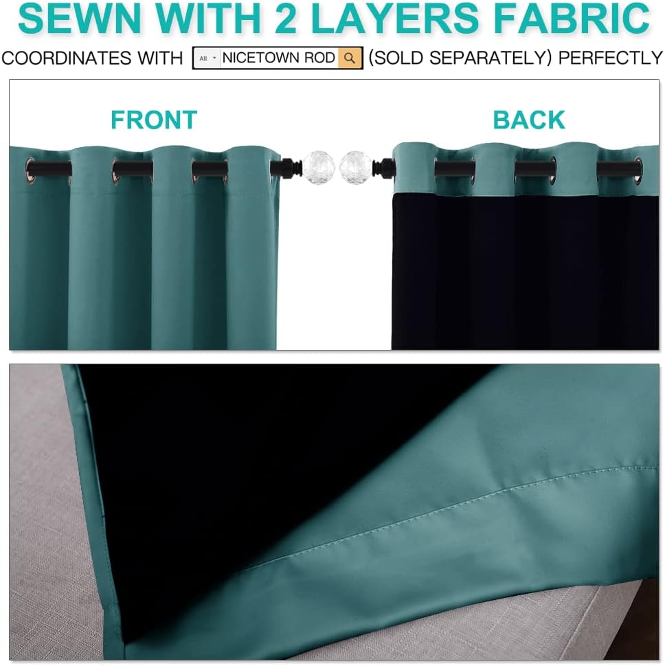 NICETOWN 100% Blackout Curtain Panels, Thermal Insulated Black Liner Curtains for Nursery Room, Noise Reducing and Cold Blocking Drapes for Windows (Set of 2, Sea Teal, 70-inch Wide by 63-inch Long)