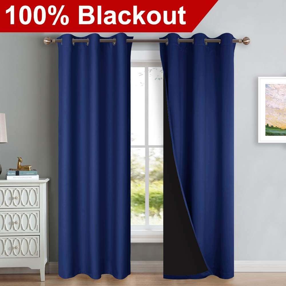 NICETOWN 100% Blackout Curtains with Black Liner Backing, Royal Blue, 37 inches x 80 inches Per Panel, Set of 2, Thermal Insulated Curtains for Living Room, Noise Reducing Drapes