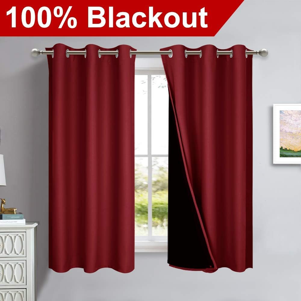 NICETOWN 100% Blackout Curtains 45 inches Long, Burgundy Red, 1 Pair, 42 inches Width Each Panel, 2 Thick Layers Completely Blackout Window Treatment Thermal Insulated Lined Drapes for Small Window