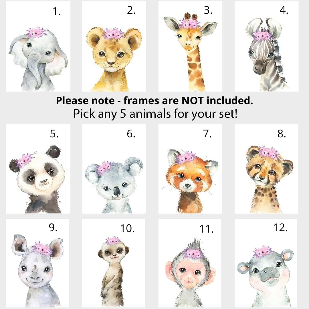 Personalized Safari Animals for Baby Girls Nursery, Set of 6 Unframed Poster Prints, Personalized Name Pink Lilac Floral, Girls Bedroom Decor, Elephant Giraffe (8x10)