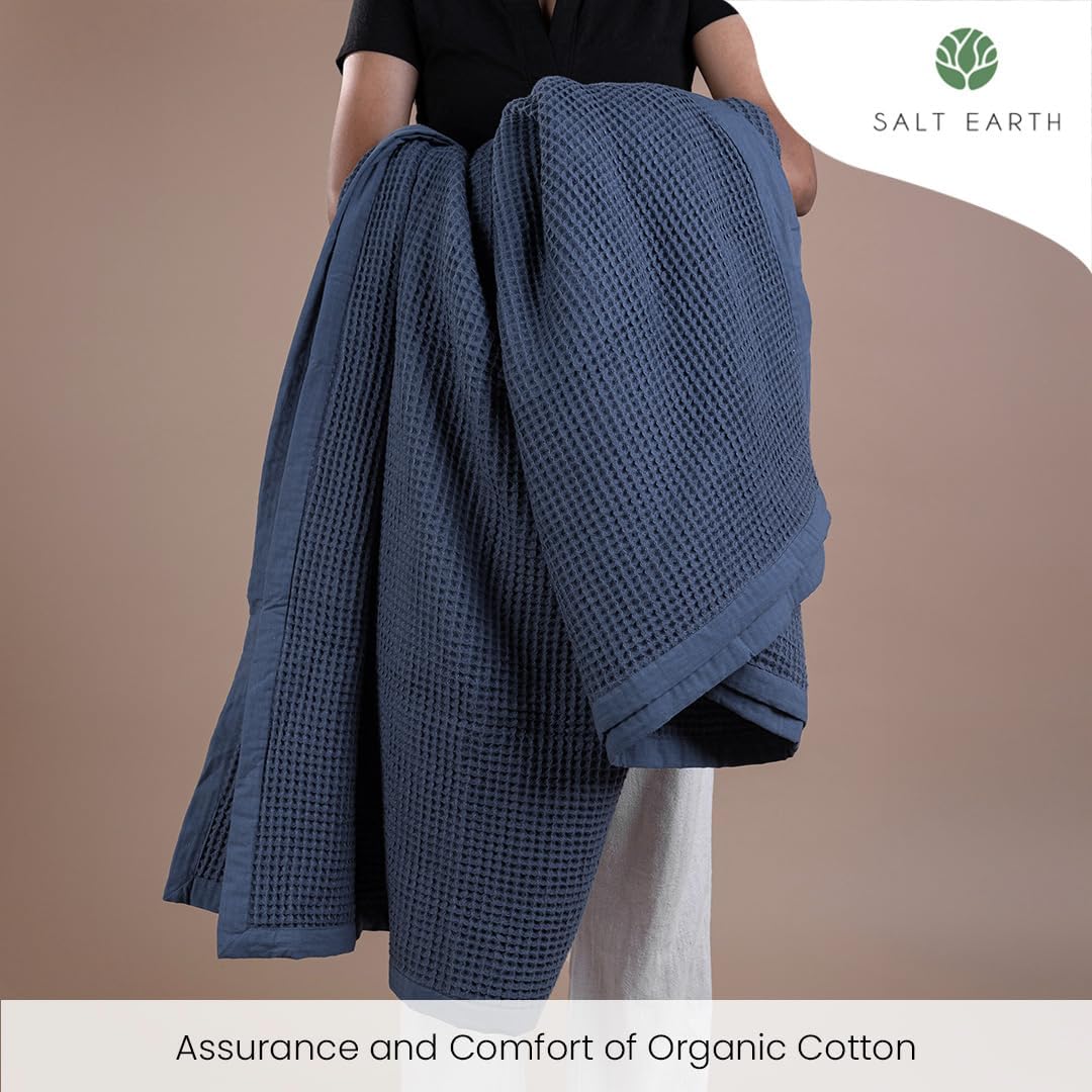 Salt Earth GOTS Certified 100% Organic Cotton Throw Blanket, 60" X 80" Waffle Blankets & Throws for Bed, Throw Blanket for Couch,Modern and Cozy Blanket,All Seasons Waffle Blanket, Soft Blanket(Navy)