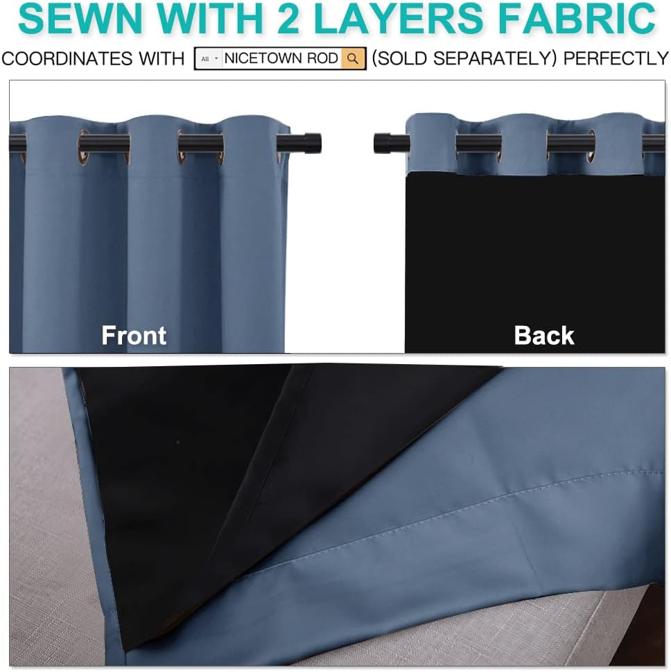 NICETOWN 100% Blackout Curtains 108 inches Long, Pair of Energy Smart & Noise Blocking Out Drapes for Baby Room Window, Thermal Insulated Guest Room Lined Window Dressing (Stone Blue, 70 inches Wide)