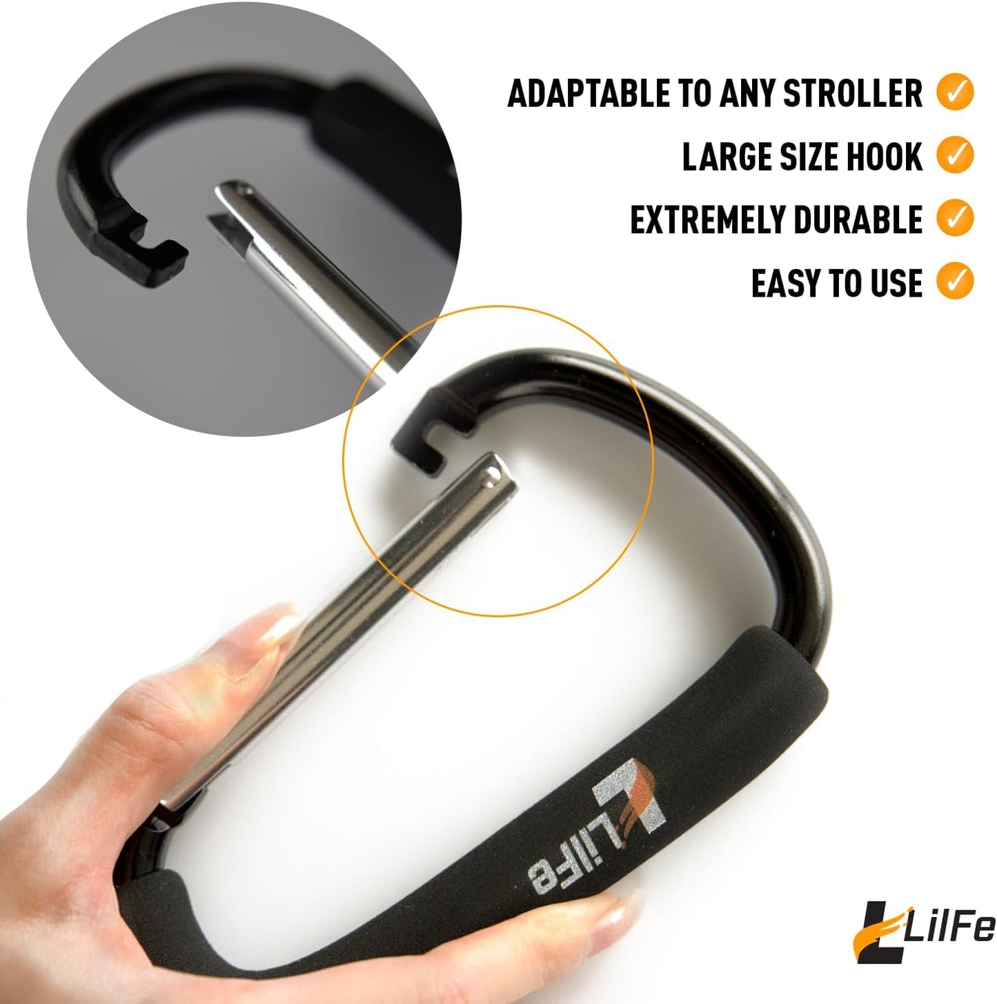 LilFe Stroller Hooks, 6.7" Large Stroller Clip, 2 Pack Large Carabiner Stroller Hooks for Hanging Bags and Shopping, Stroller Accessories for Mommy