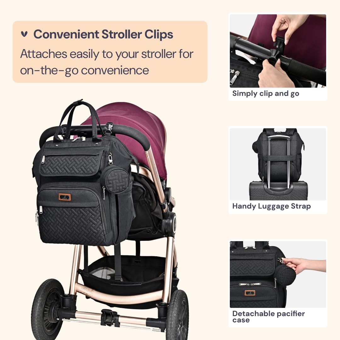BabbleRoo Diaper Bag Backpack, Multifunction Nappy Changing Bag with Changing Pad, Stroller Straps & Pacifier Case, Unisex Stylish Travel Back Pack for Moms & Dads - Black