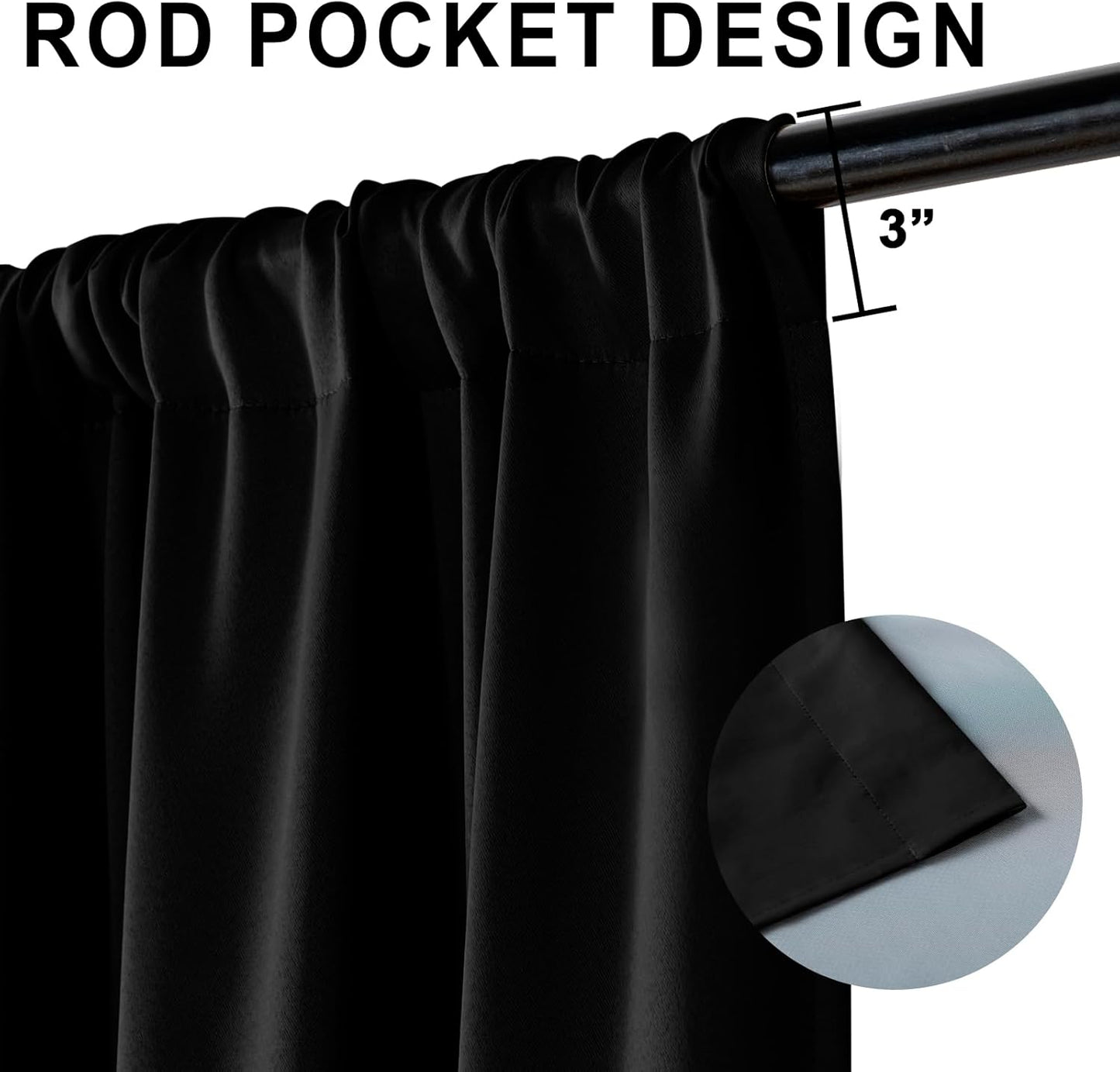 XWZO Black Blackout Curtains 2 Panels with Tiebacks- Rod Pocket Heat and Full Light Blocking Window Panels for Bedroom/Basement, 54 Inches Long Thermal Insulated Draperies, W42 x L54, Set of 2
