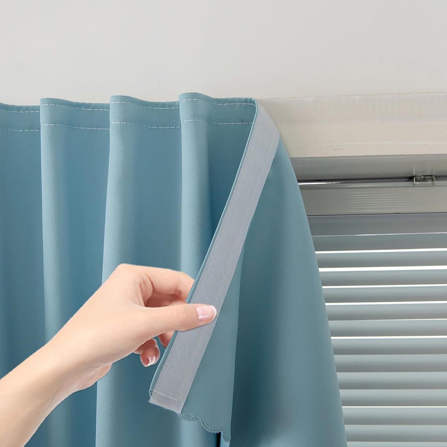 Self Adhesive Curtains, Black Out Shade for Window, Blackout Fabric Temporary Window Coverings Easy to Hang Curtains No Rod Needed, Use for Bedroom, Room, Kitchen, 47" W X 71" L, Lake Blue, 1 Panel